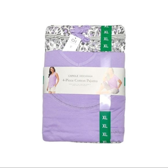 NEW CAROLE HOCHMAN Cotton 4 Pc Lounge Pajama Set Purple Capri Tank Shorts Tee - Picture 9 of 9